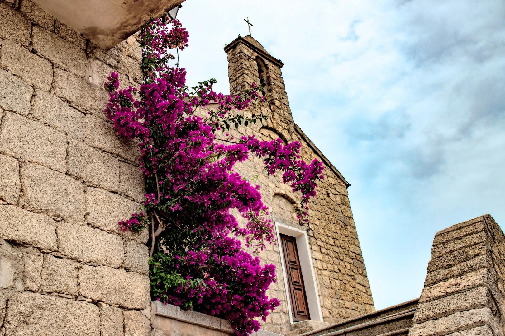 Façade en pierre avec bougainvillier dans un village de Corse-du-Sud